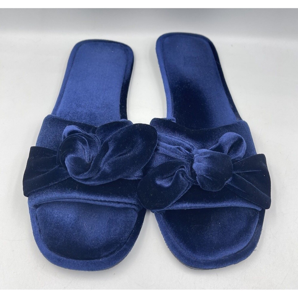 Velvet Flat Knot Womens Slide Sippers Size 5 Navy Open Toe M & S HOUSE SLIPPERS